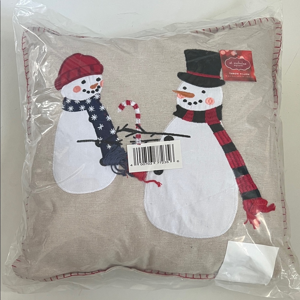 St. Nicholas Square Festive Snowman Pillow - Beige, Red, And White